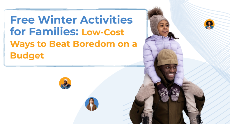 A smiling man wearing a winter coat, beige knit beanie, and gloves, carrying a young girl on his shoulders.