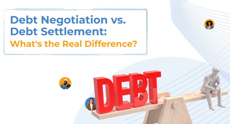 A wooden seesaw balanced with large 3D red letters spelling "DEBT" weighing the left side, counterweighted on the right by a small white figurine of a person.