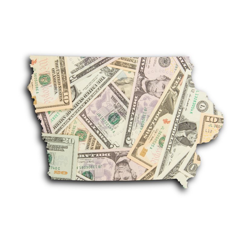 Money in the shape of the state of Iowa by Century Support Services