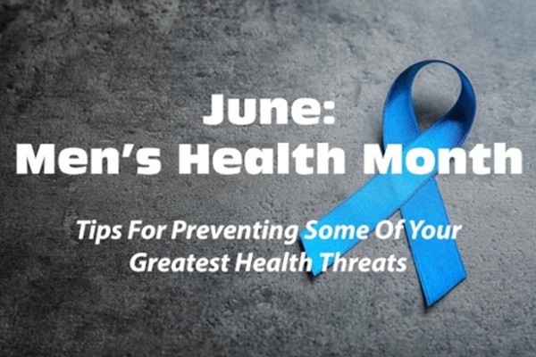 Blue awareness ribbon with text promoting Men’s Health Month and health tips