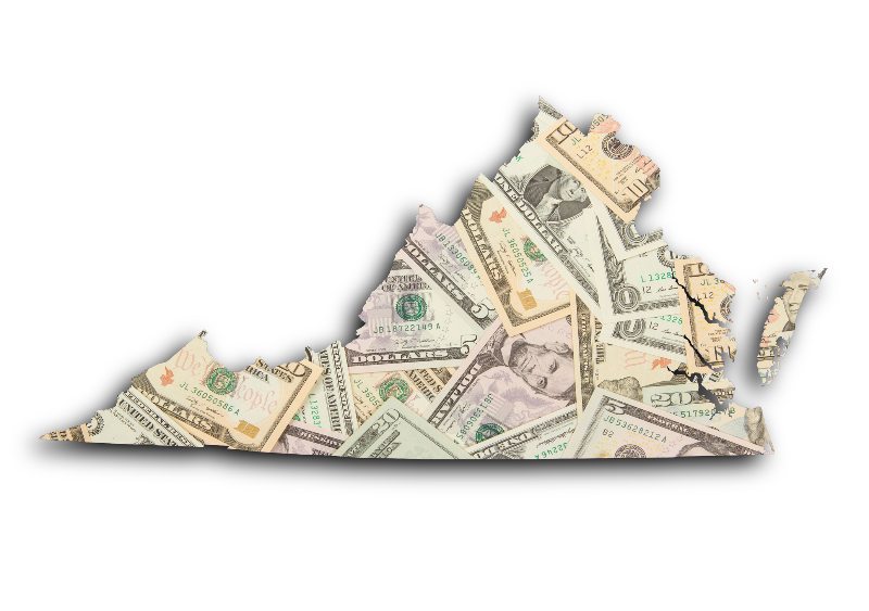 Various money denominations in the shape of the state of Virginia by Century Support Services