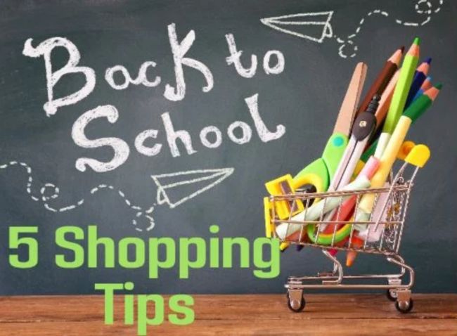 Back to school chalkboard with a mini cart full of school supplies and text “5 Shopping Tips