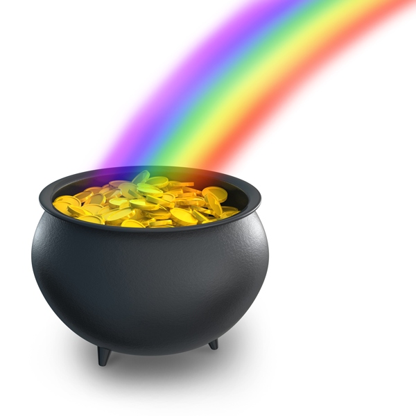Black pot filled with gold coins at the end of a bright rainbow on a white background