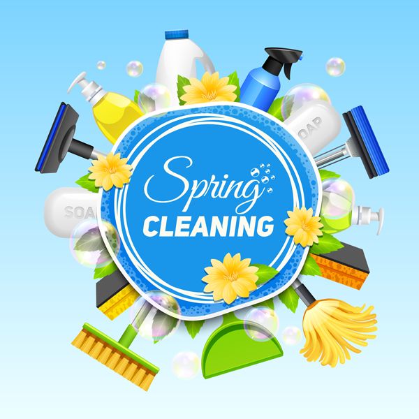 Spring cleaning label surrounded by cleaning supplies, flowers, sponges and bubbles