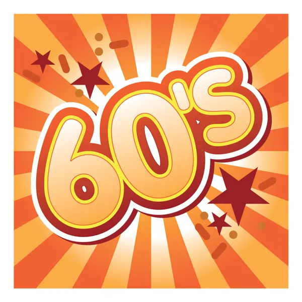 Retro graphic with bold '60’s' text on an orange sunburst background with stars