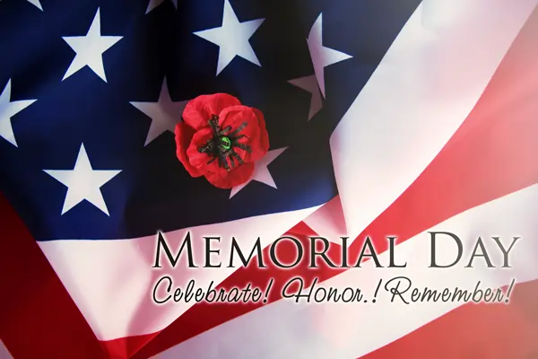 Flag with stars and stripes and a red poppy with Memorial Day