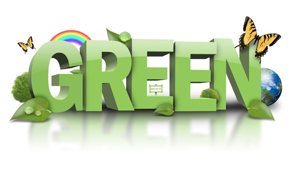 Green-themed graphic with leaves, butterflies, a rainbow, and Earth surrounding the word GREEN