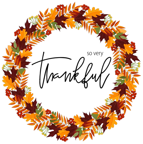 Autumn wreath of colorful leaves and berries with the words 'so very thankful' inside