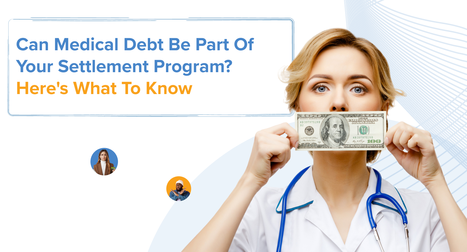 A female doctor wearing a white lab coat and a blue stethoscope, holding a one-hundred-dollar bill over her mouth.