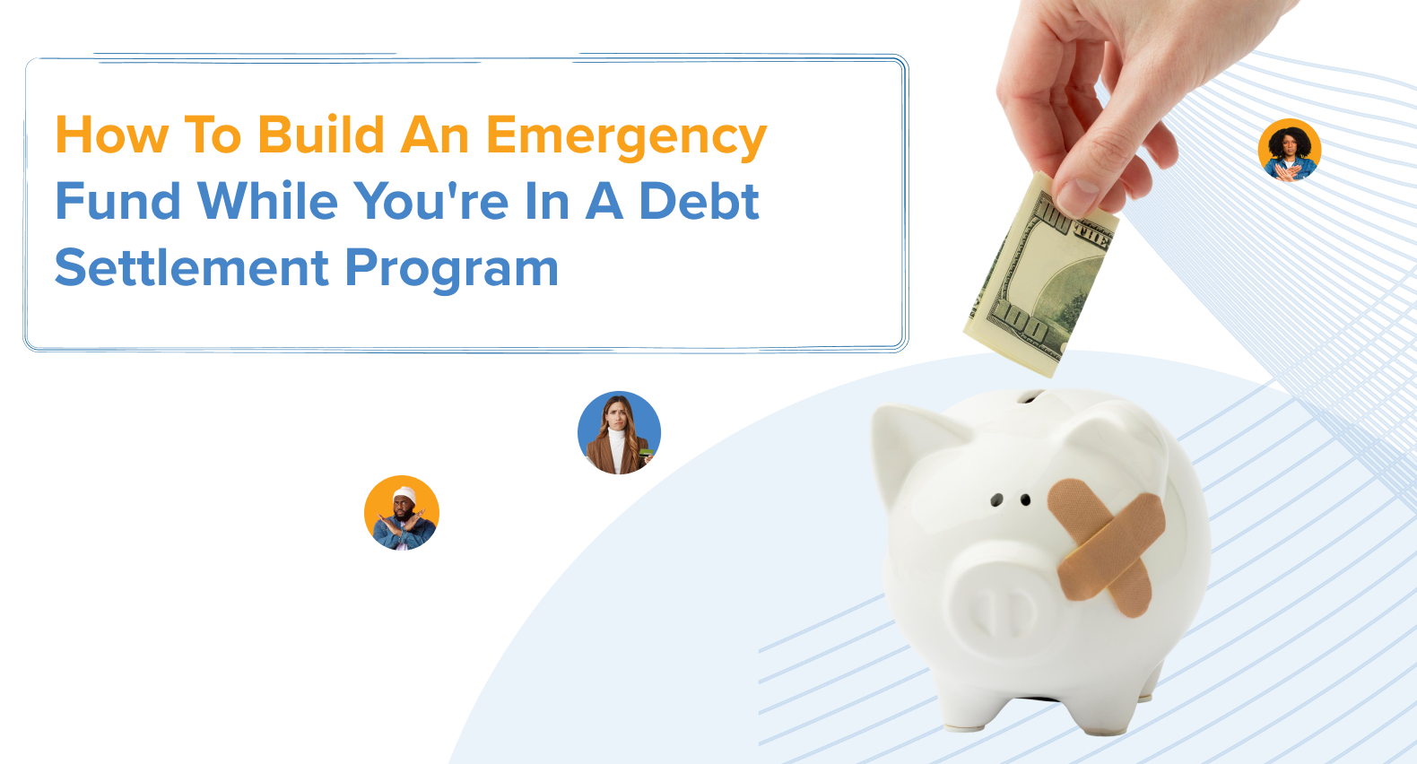 A hand sliding a folded one-hundred-dollar bill into a white piggy bank that has an adhesive bandage on its side.