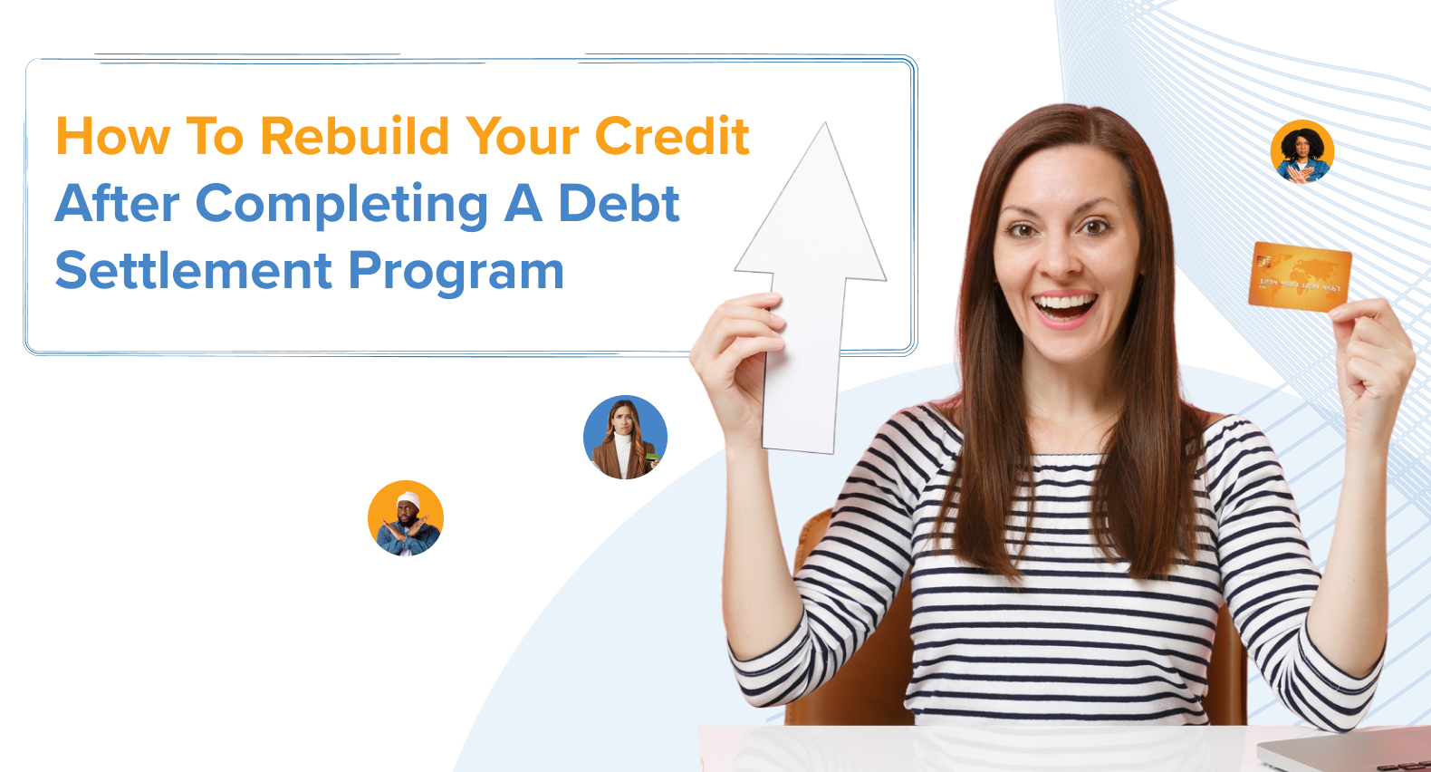A woman holding an arrow in one hand and a credit card in the other hand.
