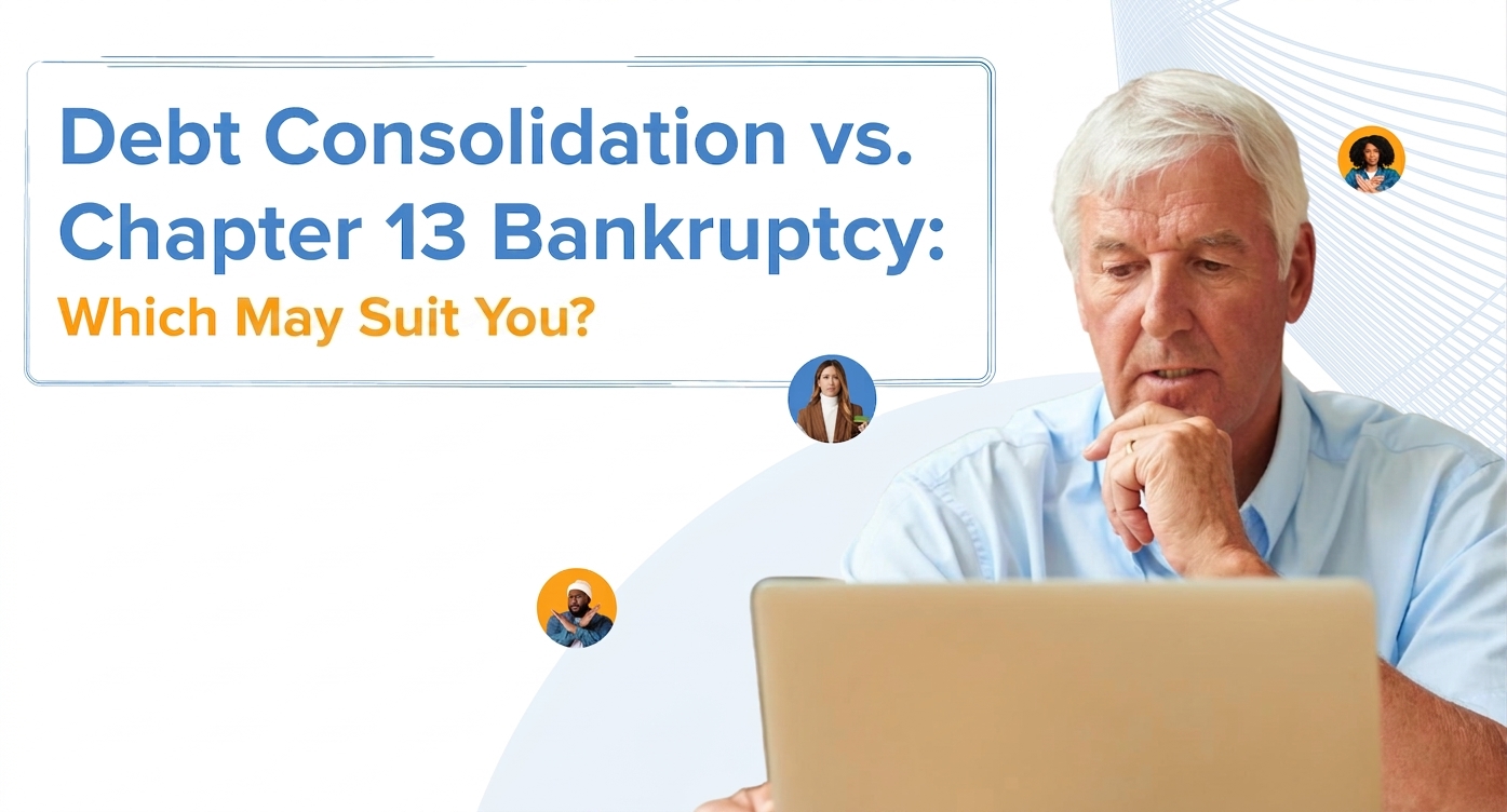 Older man looking at a laptop for an article comparing debt consolidation and Chapter 13 bankruptcy.