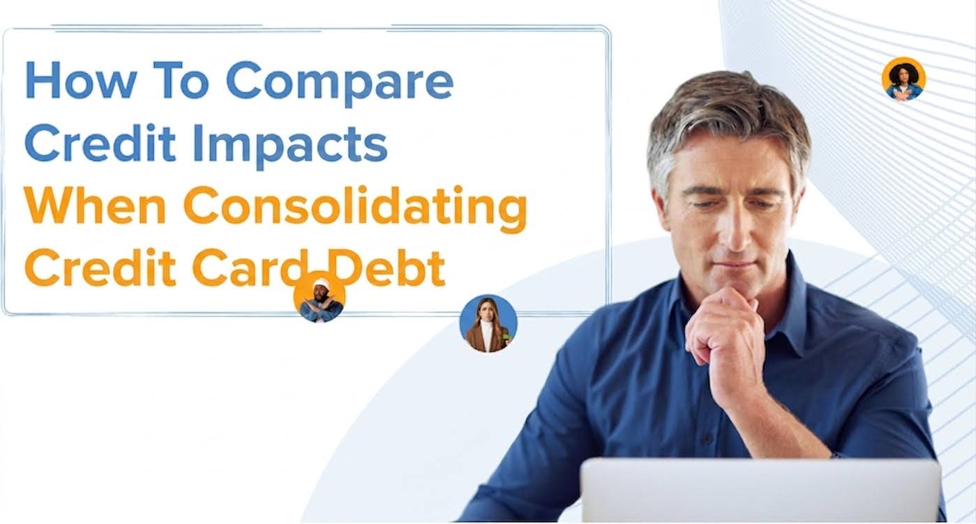 Man looking at a laptop reviewing debt consolidation information.