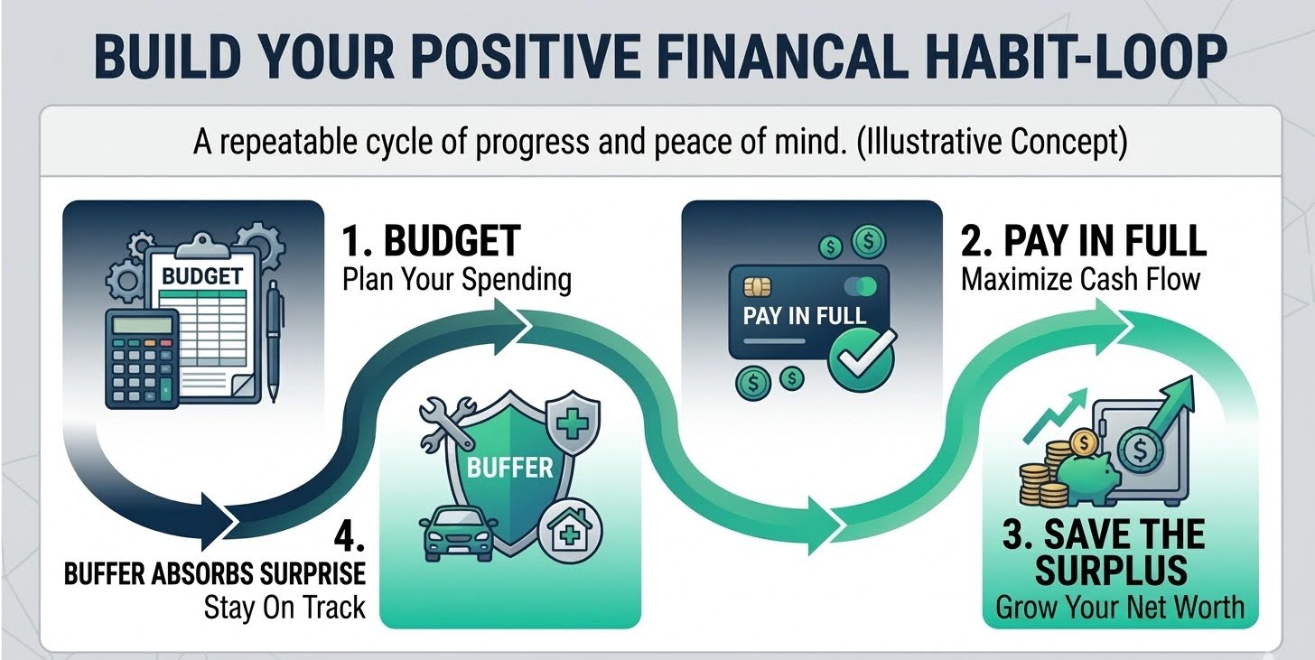 Illustrative cycle of budgeting, paying in full, saving a surplus, and keeping a buffer.