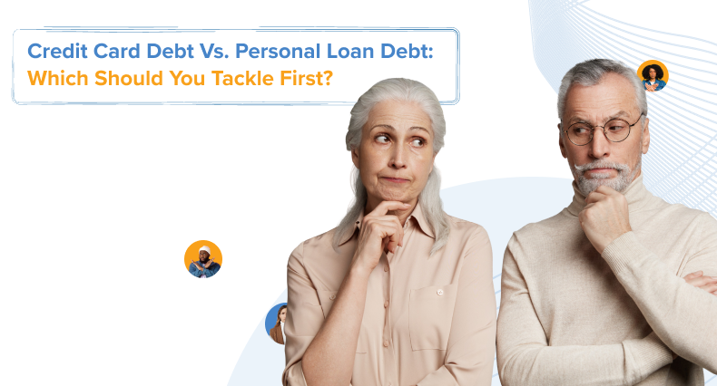 Two people looking at each other in thoughtful contemplation, representing a couple weighing which debt to pay off first.