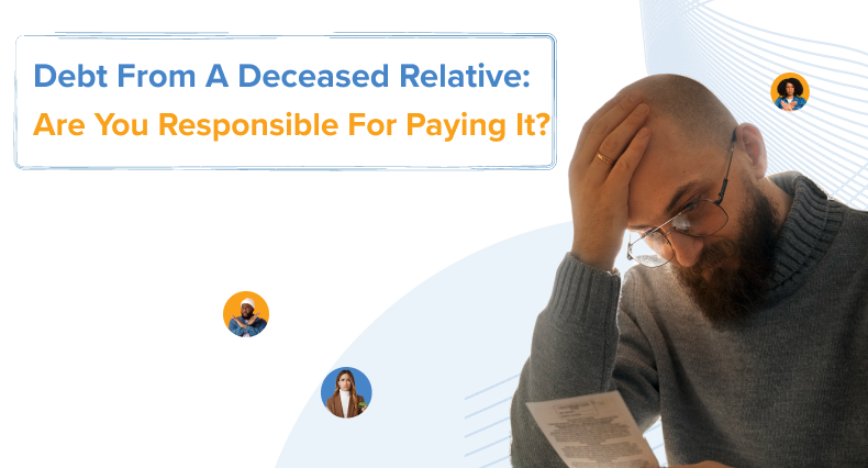 A person resting their forehead in their hand while reading a document, representing someone dealing with a deceased relative's debt.