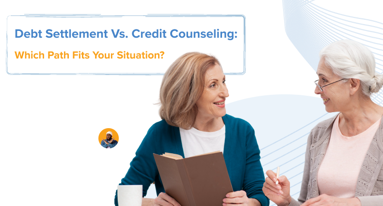 Two people reviewing documents together, representing a consumer weighing debt settlement against credit counseling.