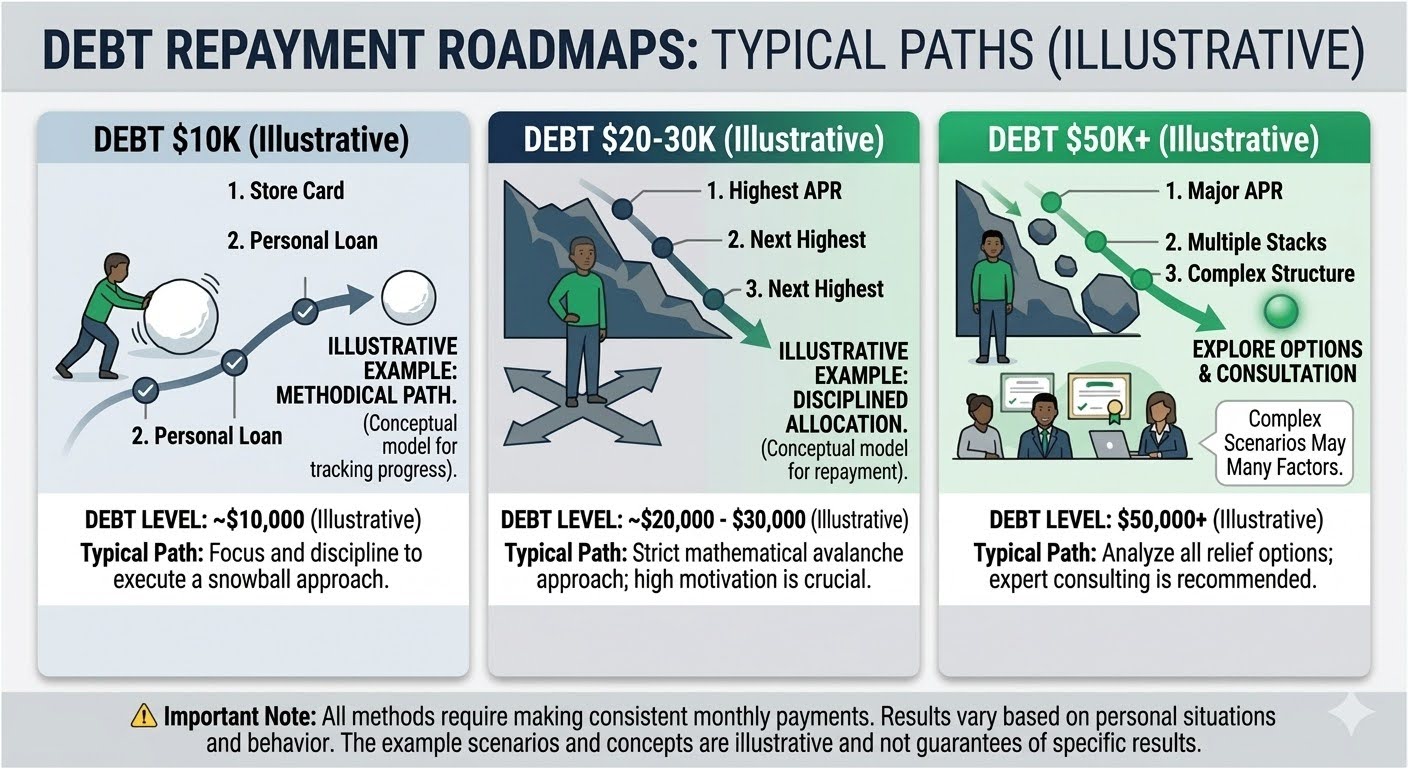 Illustrative debt-repayment roadmaps shown for different debt-level ranges.