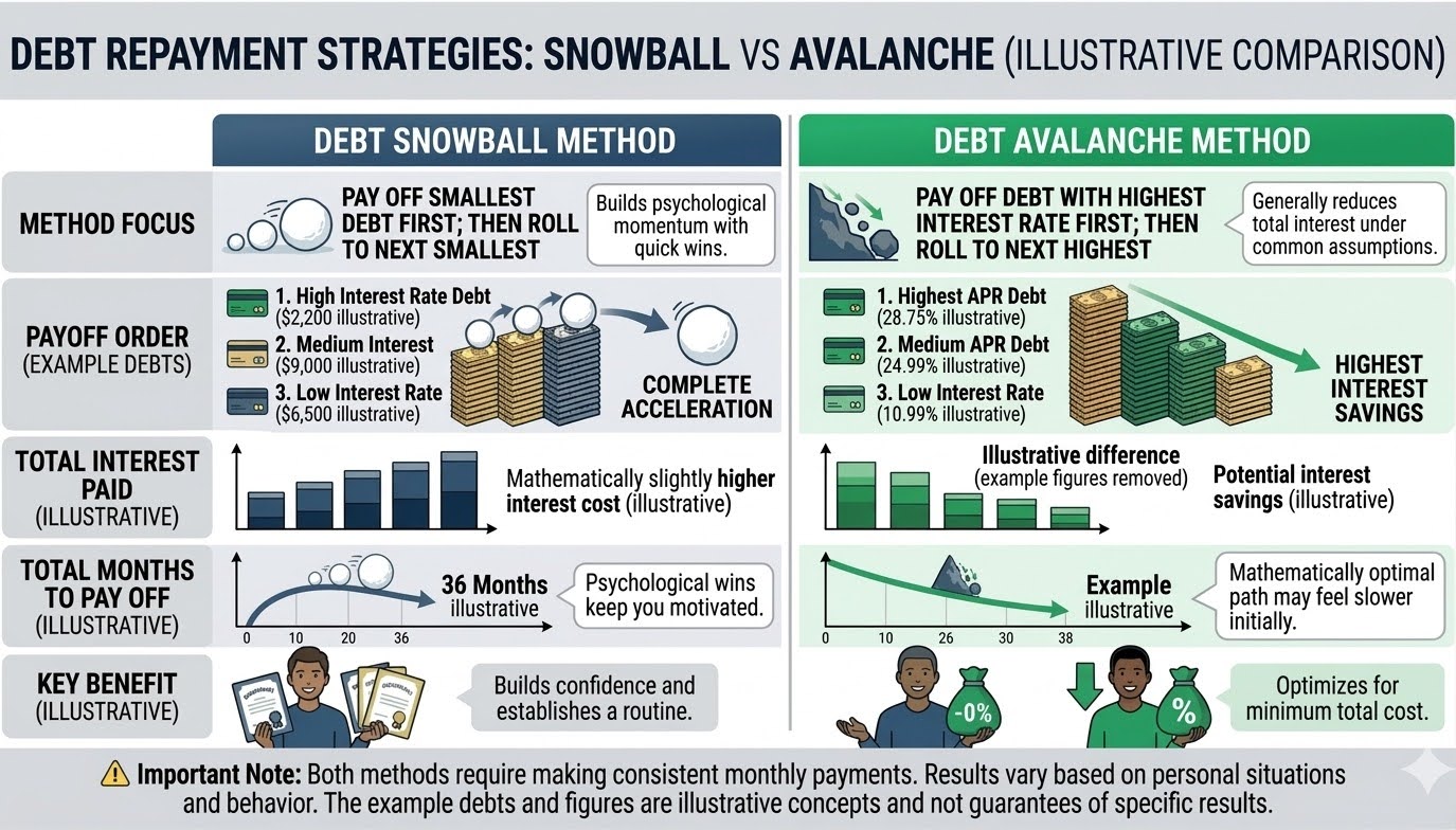 Illustrative comparison of the debt snowball and debt avalanche repayment methods.