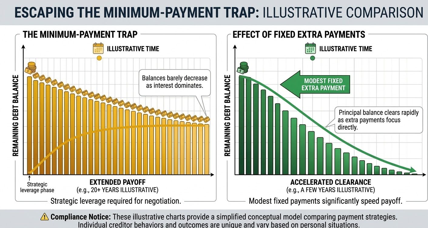 Illustrative comparison of a minimum-payment balance curve versus one with fixed extra payments.