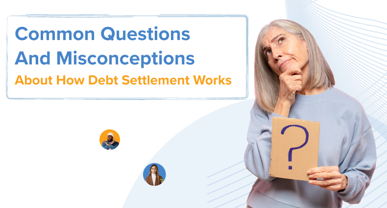 A person holding a card with a handwritten question mark, looking upward thoughtfully, representing common questions about debt settlement.