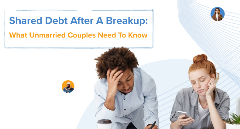 Two people sitting apart looking distant, representing a couple dealing with shared debt after a breakup.